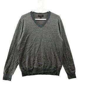 Banana Republic Merino Wool Sweater Mens M V-Neck‎ Gray Beige Striped Pullover